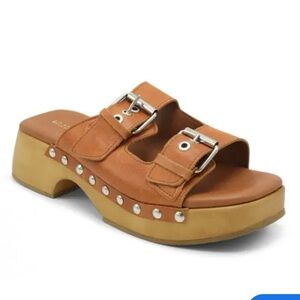 Anthropologie Musse & Cloud Tan Roger Platform Sandals Suede Buckle Clogs Size 8